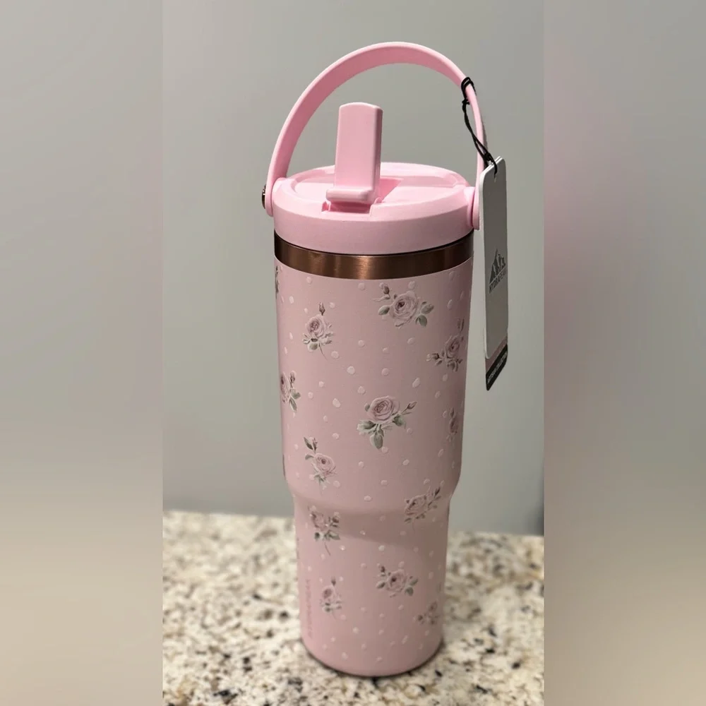 Hydrapeak 40 oz Pink Floral Insulated Tumbler w/ Handle & Straw | New - Picture 1 of 3